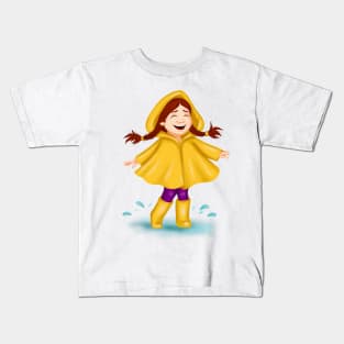 Spring fashion girl in yellow raincoat laughing and dancing in a puddle Kids T-Shirt